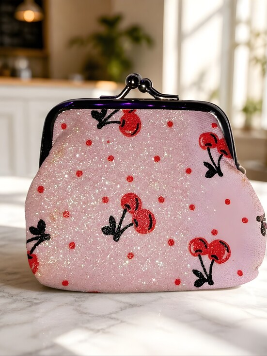 Handbags - Pink Cherry Print Coin Purse with Kiss-Lock Closure